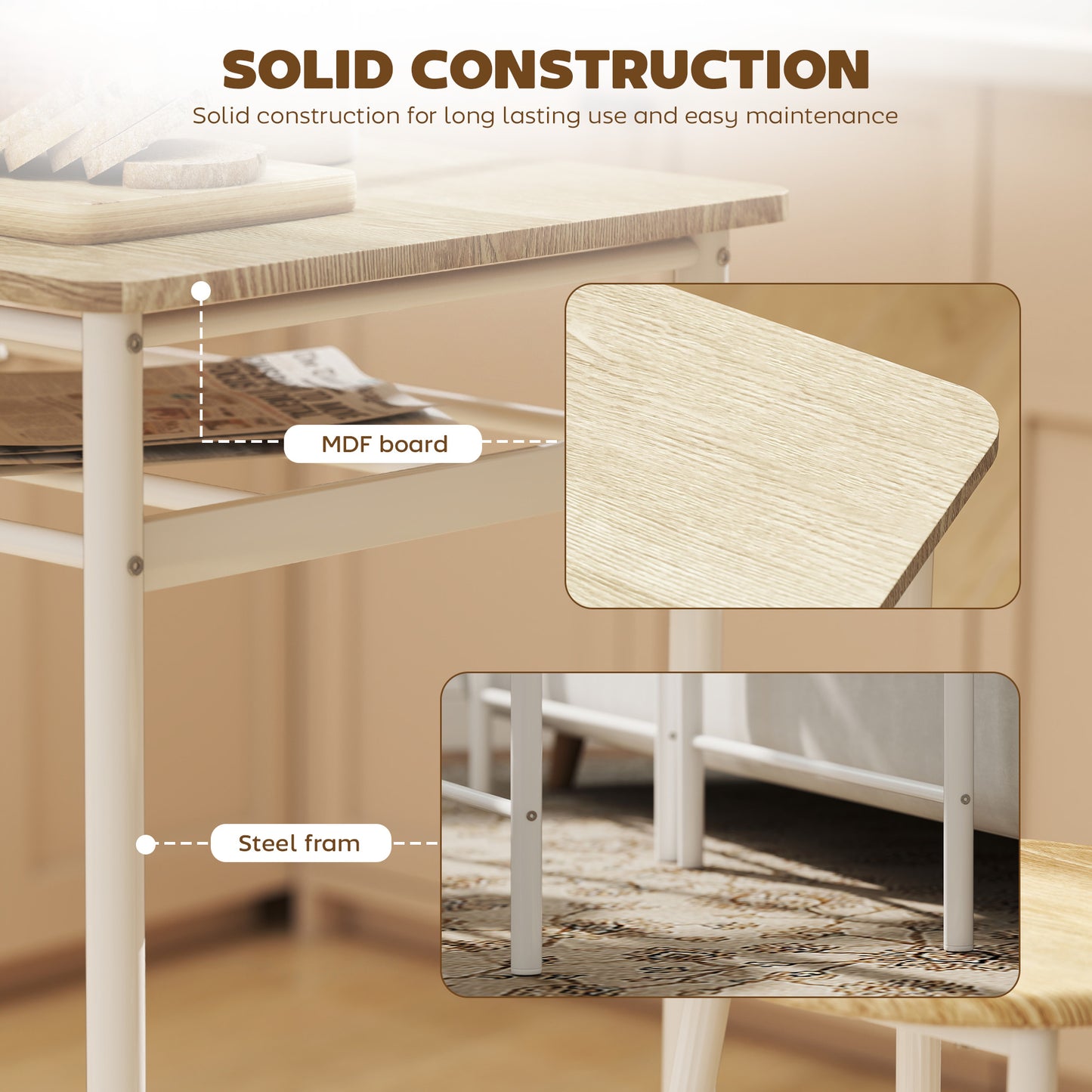 Bar Table Set, Bar Table and Stools Set, Footrest and Storage Shelf, for Kitchen, Dining Room, Pub, Cafe, White and Oak