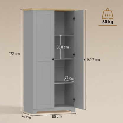 Kitchen Cupboard, 172cm Freestanding Storage Cabinet with Doors and Shelves, Grey