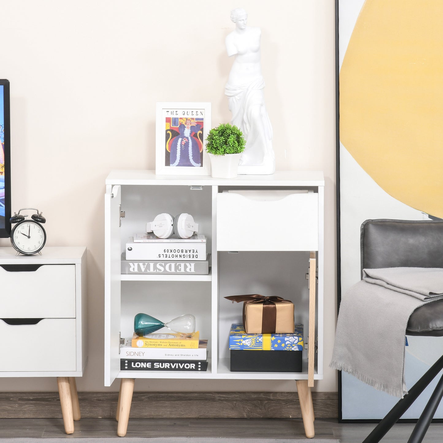 Sideboard Floor Cabinet Storage Cupboard with Drawer and Solid Wood Legs for Bedroom, Living Room, Entryway, Brown