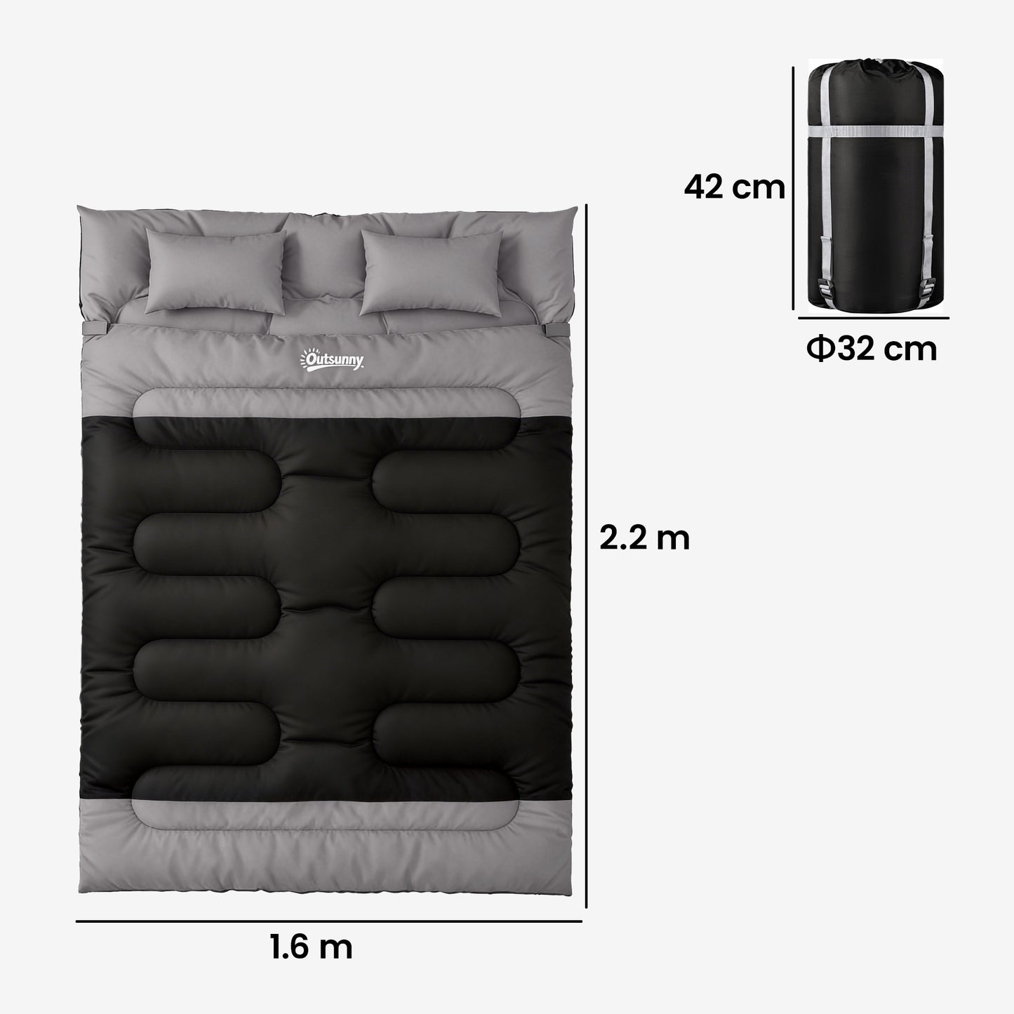 Double Sleeping Bag with 2 Pillows, 220 x 160 cm Extra-Large Sleeping Bag for Adults, Black and Grey