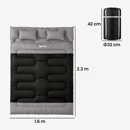 Double Sleeping Bag with 2 Pillows, 220 x 160 cm Extra-Large Sleeping Bag for Adults, Black and Grey