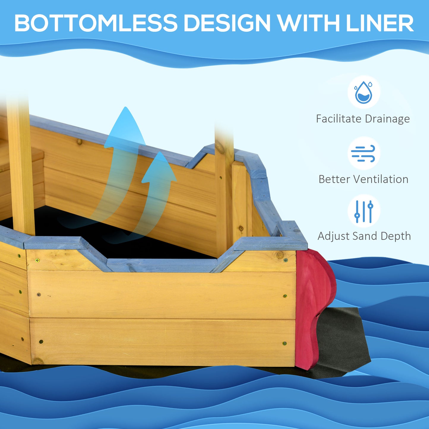 Sand Pit, Kids Wooden Sandbox Pirate Ship, Sandboat Play Station with Canopy Shade