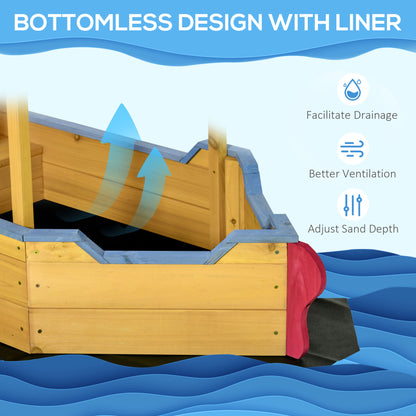 Sand Pit, Kids Wooden Sandbox Pirate Ship, Sandboat Play Station with Canopy Shade