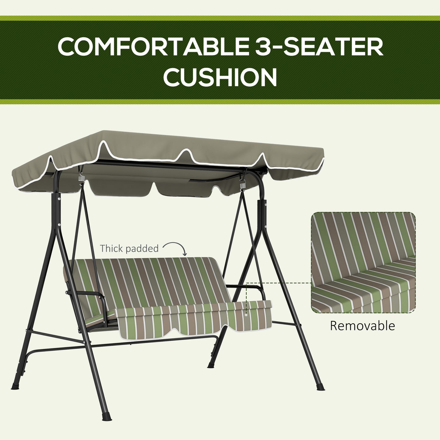 Three-Seater Garden Swing Chair, with Adjustable Canopy - Green