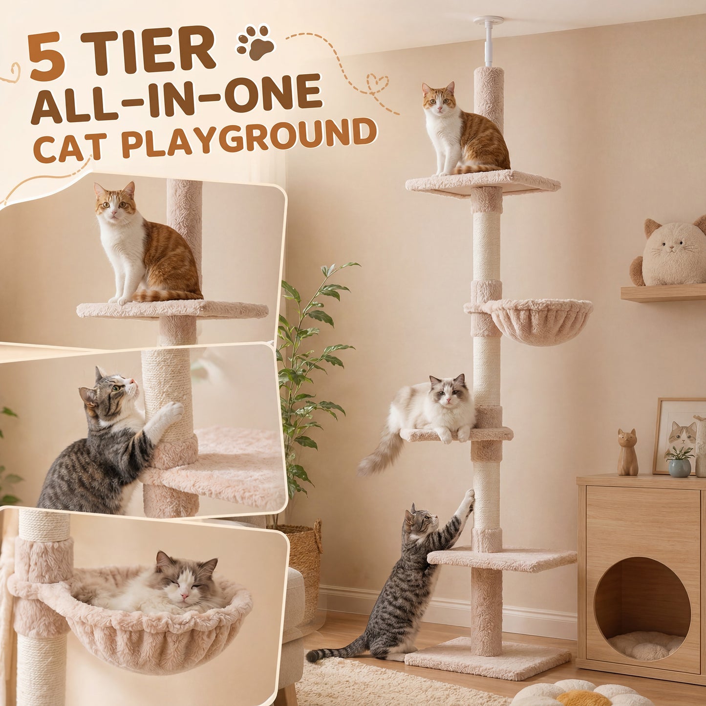 Floor to Ceiling Cat Tree 230-260cm Height Adjustable, 5-Tier Cat Tower with Scratching Posts, Hammock, Perches