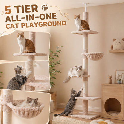 Floor to Ceiling Cat Tree 230-260cm Height Adjustable, 5-Tier Cat Tower with Scratching Posts, Hammock, Perches