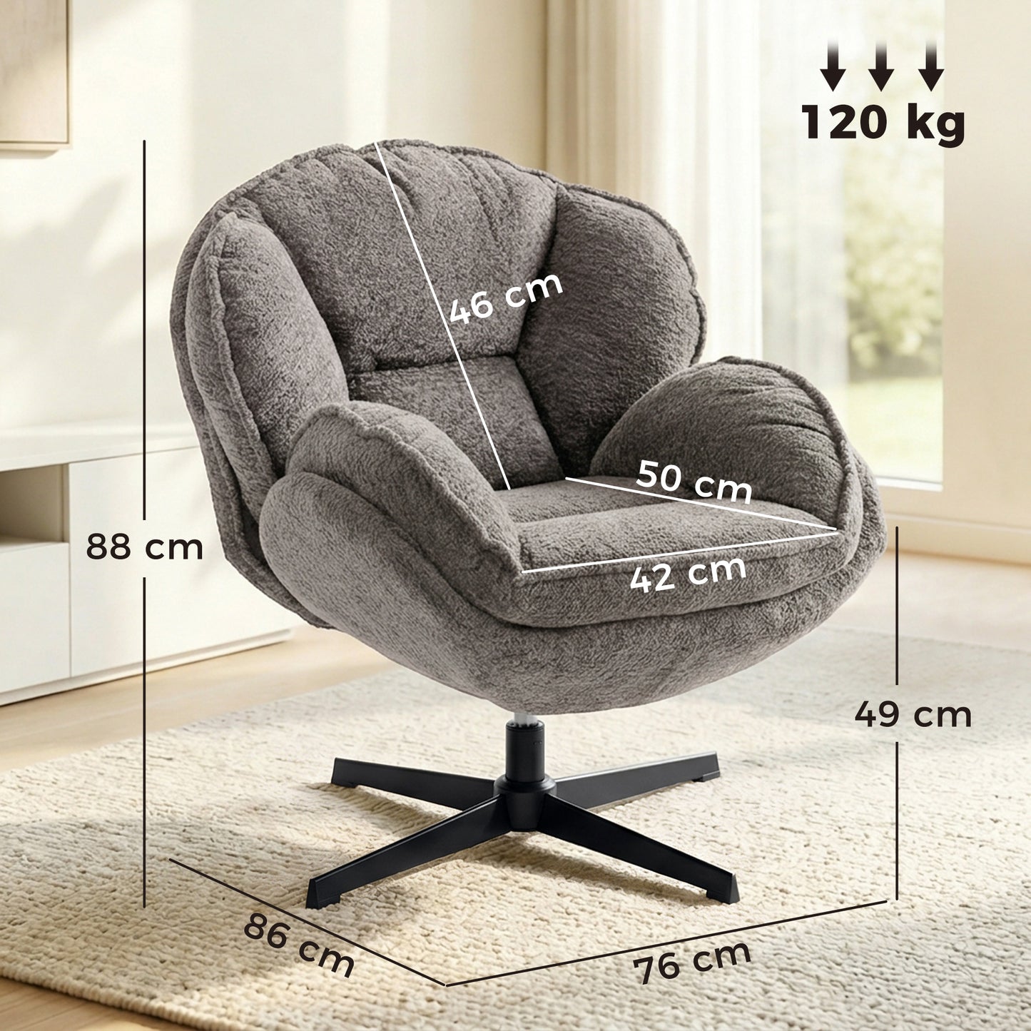 Modern Wingback Accent Chair, Velvet Armchair with Four-Star Base, S-Springs, Swivel, Grey
