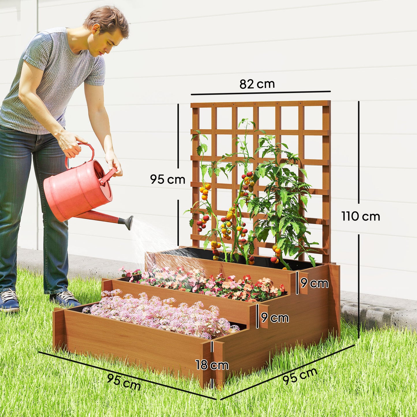 3 Tier Garden Planters with Trellis for Vine Climbing, Wooden Raised Beds, 95x95x110cm, Brown