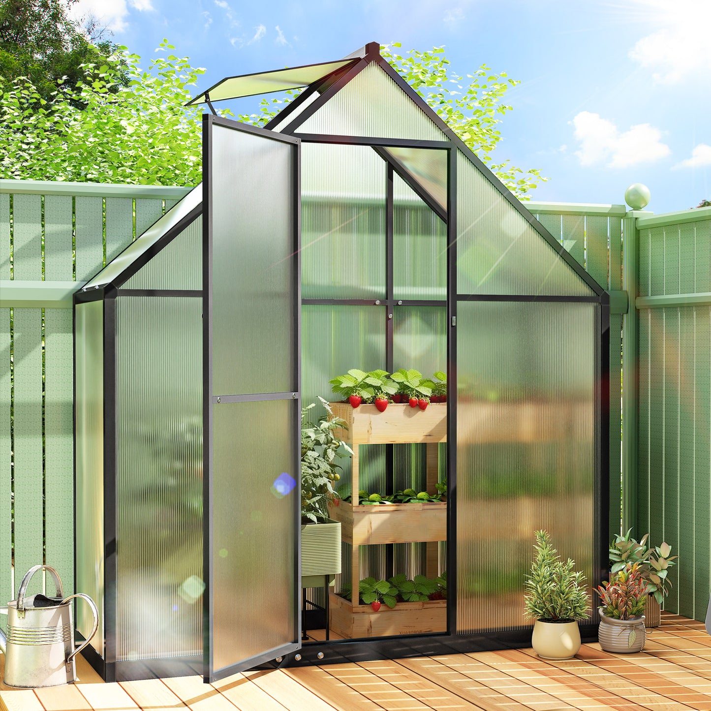 Polycarbonate Greenhouse with Swing Door and Adjustable Window, Walk-in Greenhouse, 5.5 x 2ft, Black