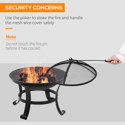 Outdoor Fire Pit, Firepit with Mesh Lid, Poker, for Camping, Bonfire, Picnic, Black