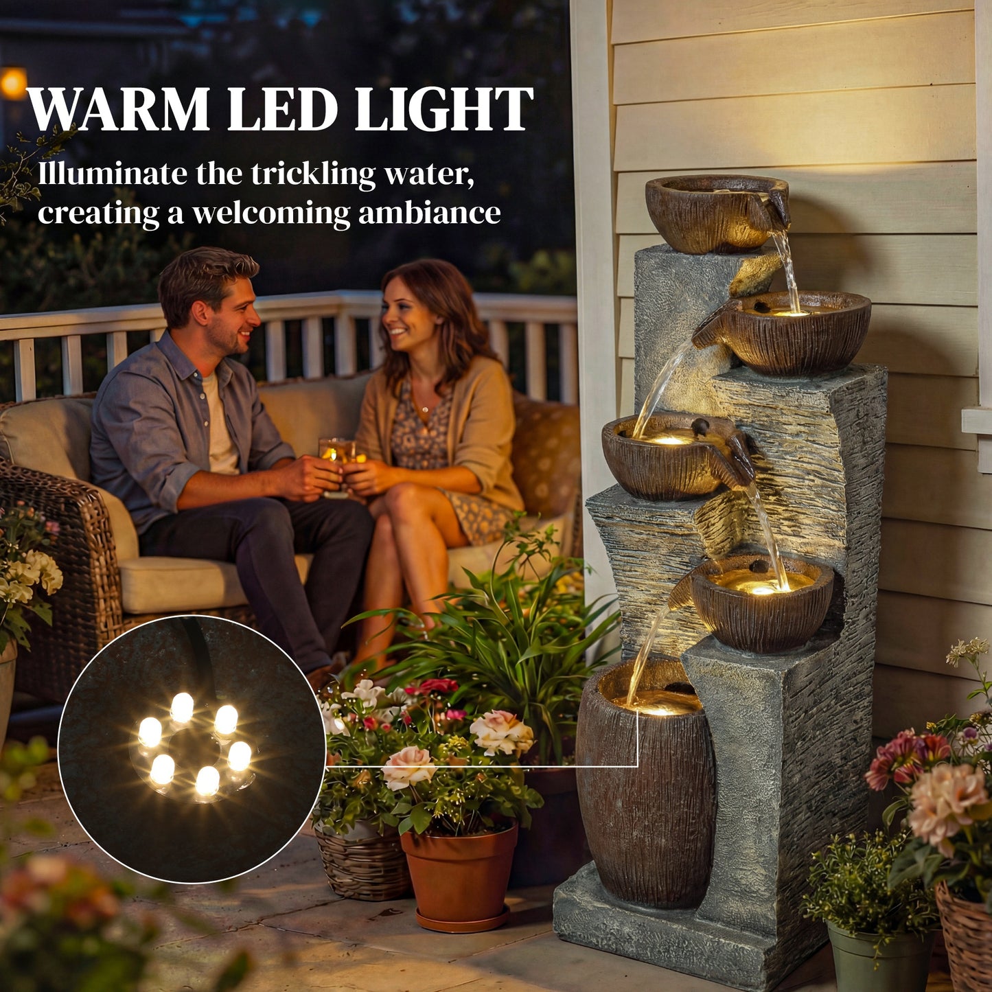 Outdoor Fountain with 5-Tier, Garden Fountain with LED Lights, Adjustable Flow, Grey and Rustic Brown