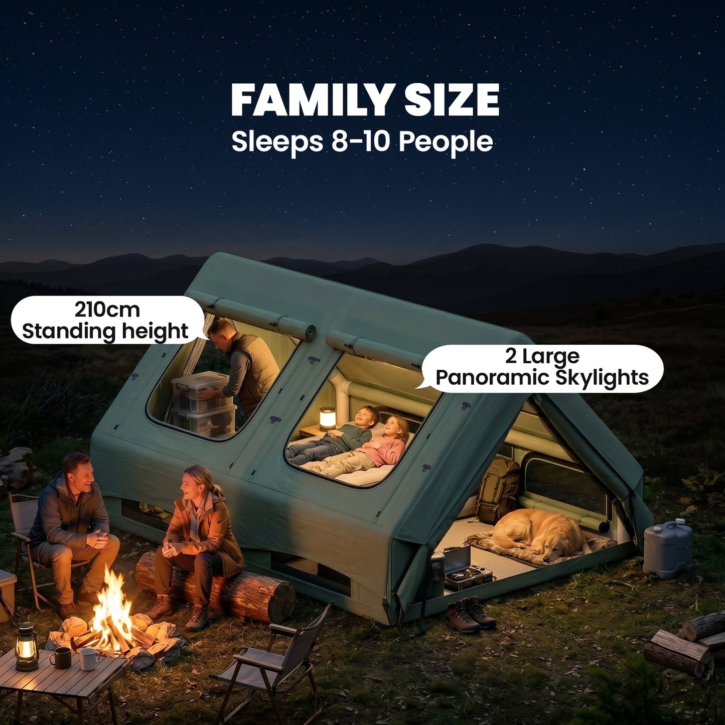 Inflatable Camping Tent, 4 Season Hot Tent 10000mm Waterproof with Chimney Opening, Sky Light and Air Pump, Green