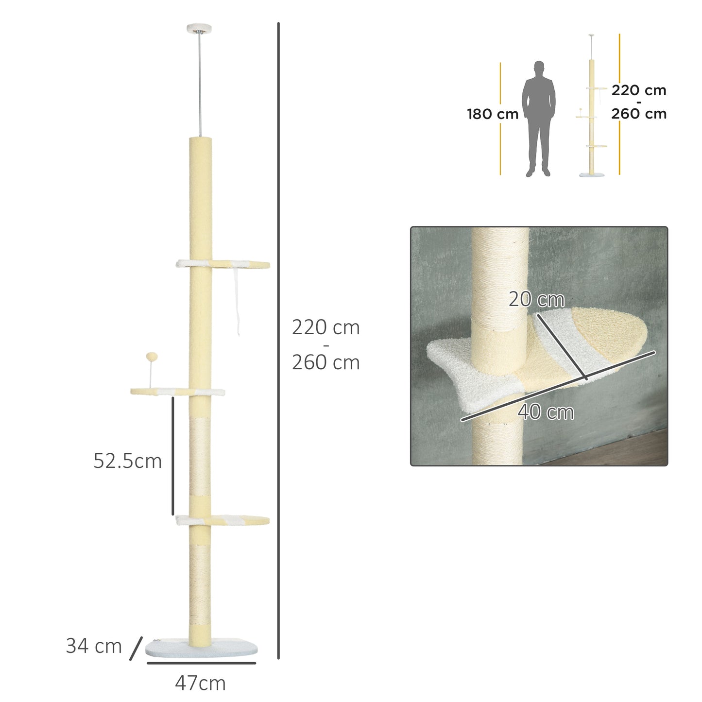 260cm Adjustable Floor-To-Ceiling Cat Tree w/ Anti-Tipping Kit, Toy Ball