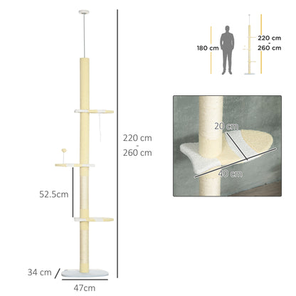 260cm Adjustable Floor-To-Ceiling Cat Tree w/ Anti-Tipping Kit, Toy Ball