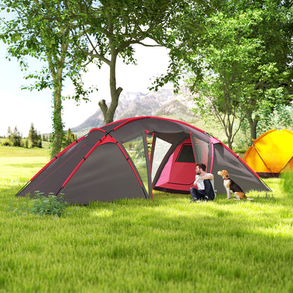 4-6 Man Family Camping Tent w/ 2 Bedrooms and a Living Room, Waterproof Tunnel Tent w/ Sewn In Groundsheet, Doors, Windows