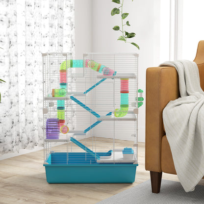 6 Tier Hamster Cage, Small Animal Cage with Tubes, Exercise Wheel, Ramps, Hut, Food Dish, Water Bottle, Light Blue