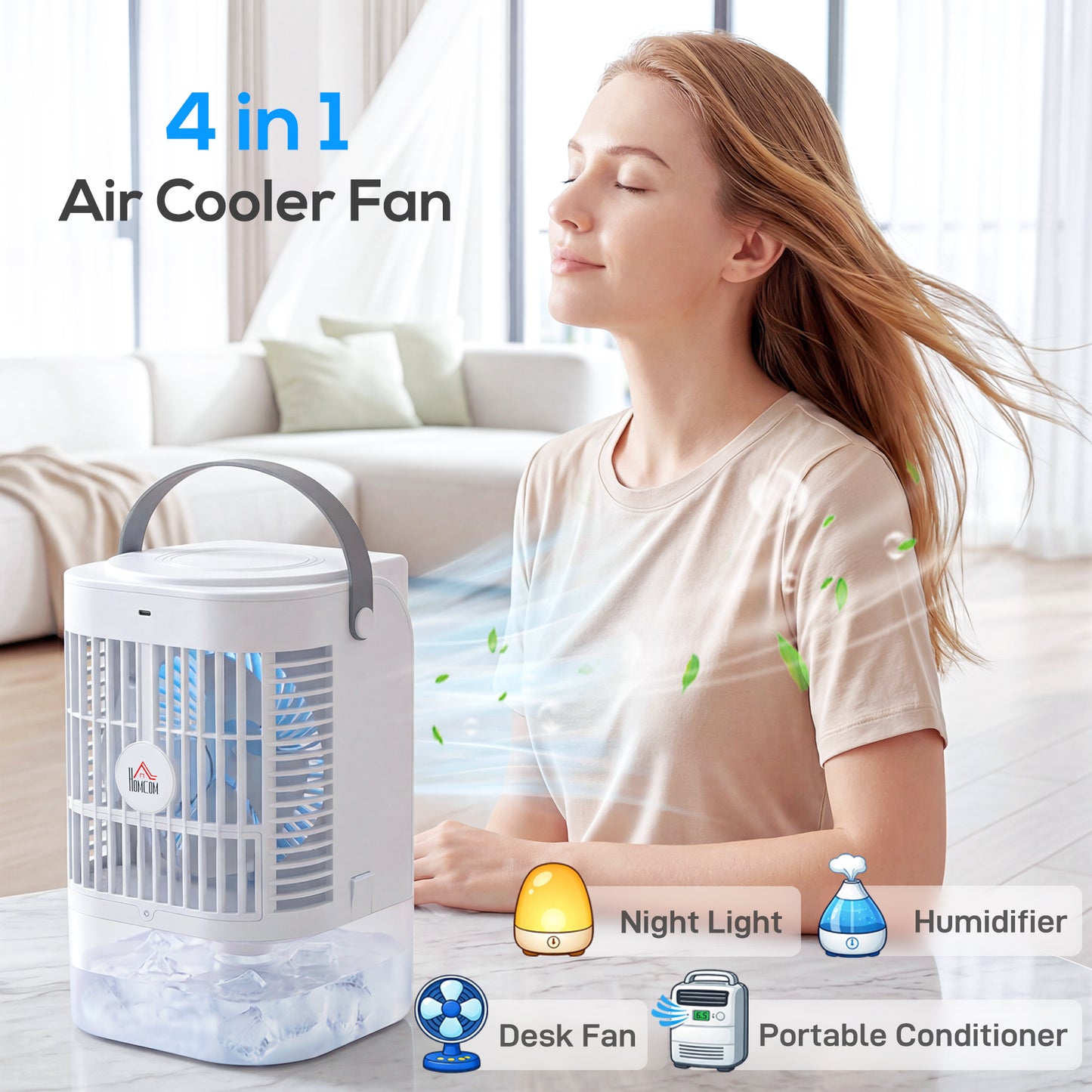 Portable Air Conditioner, 4-in-1 Mini Air Cooler with 4 Wind Speed, 2 Cool Mist, RGB 7 LED Light, White