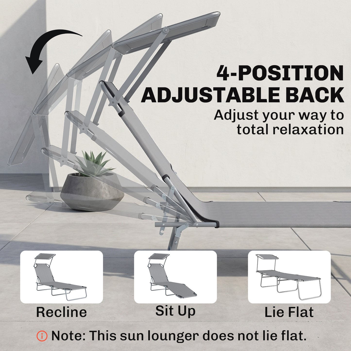 Folding Sun Lounger with Canopy, Reclining Sunbed with 4-Position Adjustable Backrest, 600D Oxford Cloth