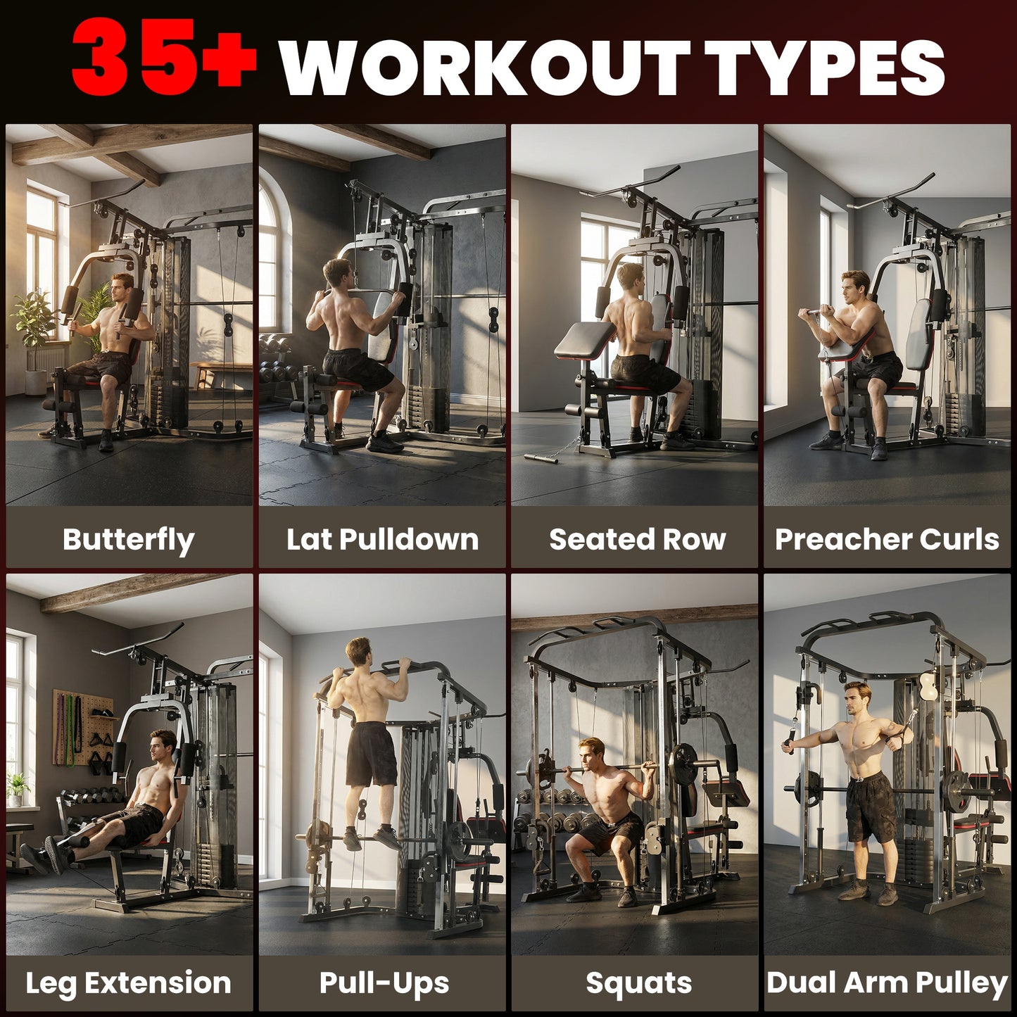 Home Multi Gym Smith Machine with 65kg Weight Stack, Cable Pulley System, Chest Station, Preacher Pad & Leg Developer