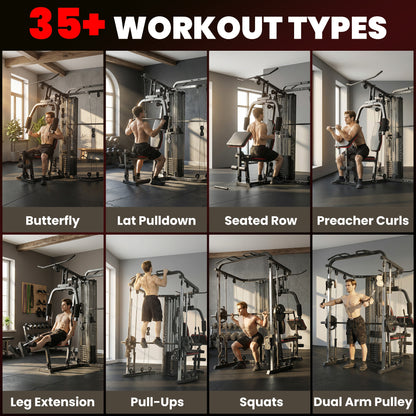 Home Multi Gym Smith Machine with 65kg Weight Stack, Cable Pulley System, Chest Station, Preacher Pad & Leg Developer
