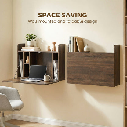 Wall Mounted Desk, Drop Leaf Floating Laptop Desk with Space Saving Storage Compartments for Home Office, Dark Brown