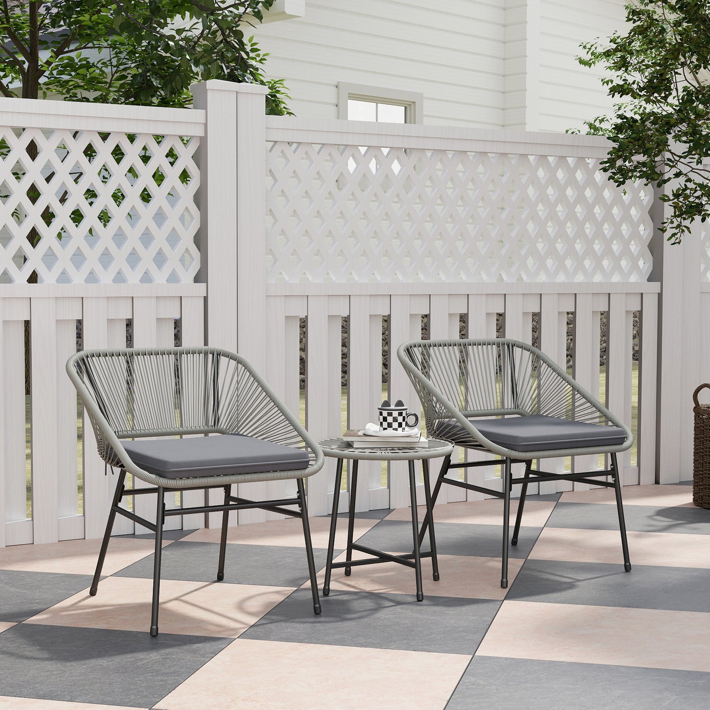 3 Pieces Rattan Bistro Set, Wicker Small Garden Table and Chairs Set with Cushions and Glass Top Coffee Table