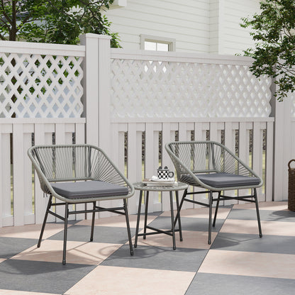 3 Pieces Rattan Bistro Set, Wicker Small Garden Table and Chairs Set with Cushions and Glass Top Coffee Table