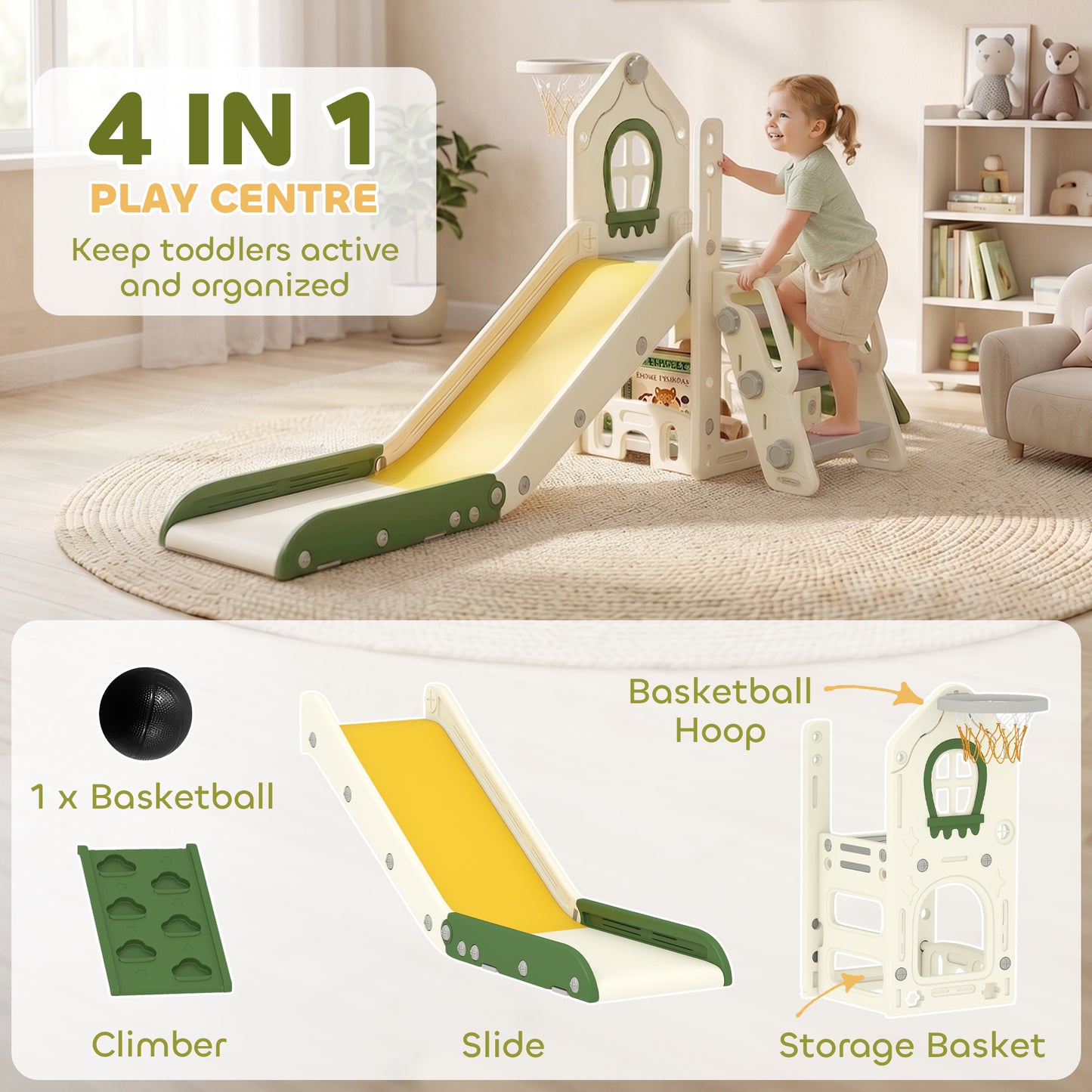 Foldable 5 in 1 Toddler Slide with Ladder, Climbing Wall, Basketball Hoop, Storage and Basketball for 1-3 Years, Cream