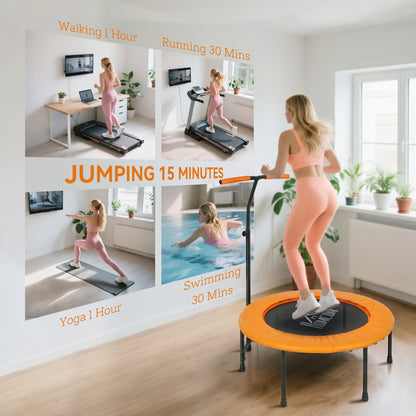 40" Fitness Trampoline with Adjustable Handle, Rebounder Trampoline, Mini Jumper for Indoor Exercise Workout, Orange