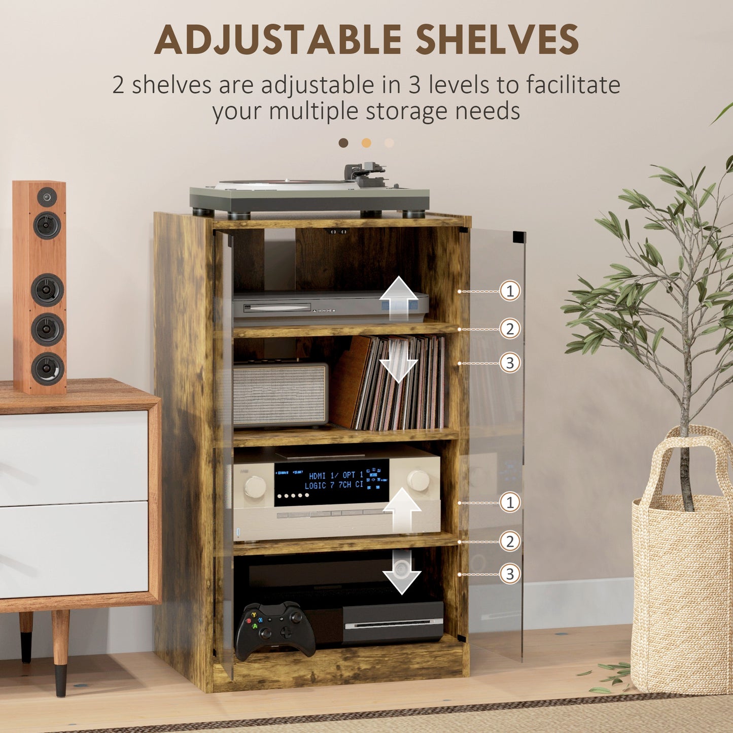 4-Tier Hi-Fi Stand, Record Player Stand with Adjustable Shelves and Push-to-Open Glass Doors, Rustic Brown