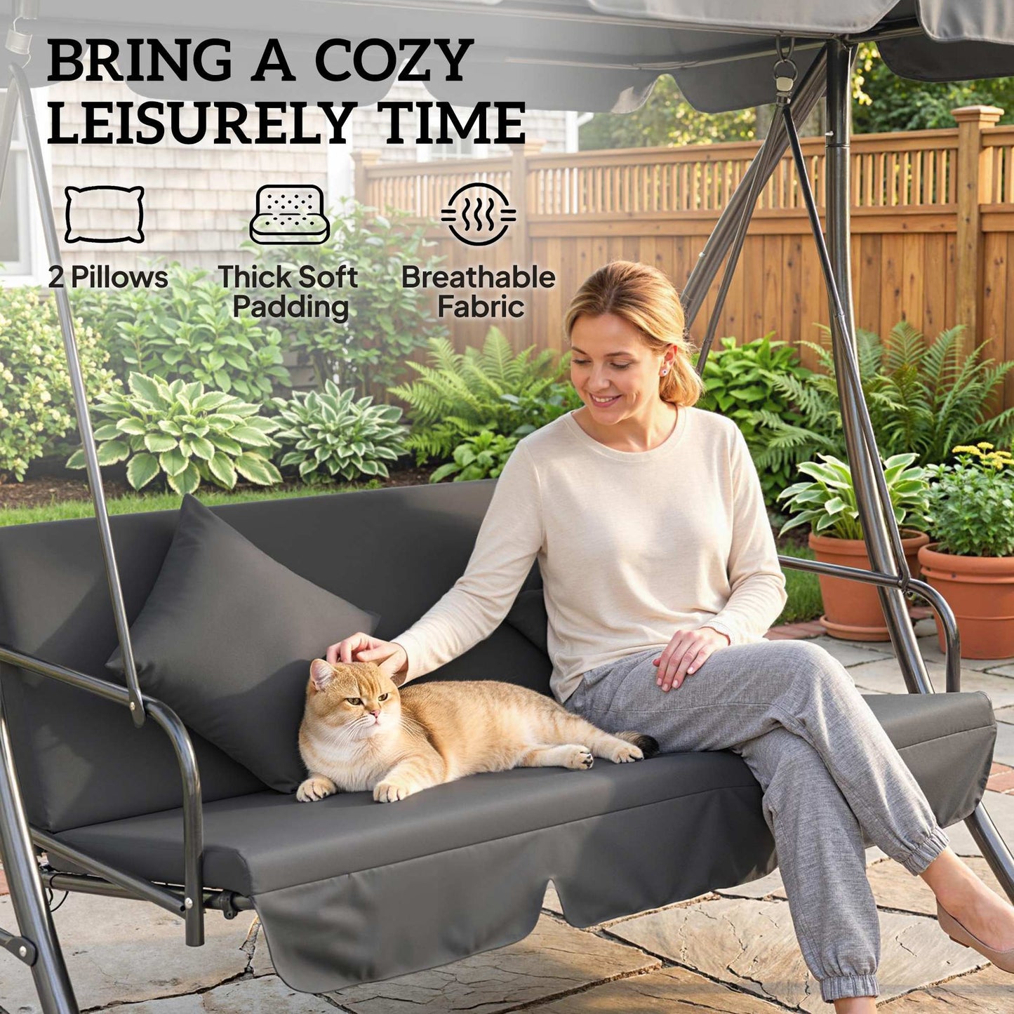 Outdoor 2-in-1 Swing Chair Lounger 3 Seater Garden Swing Seat Bed Convertible Tilt Canopy W/ Cushion, Dark Grey