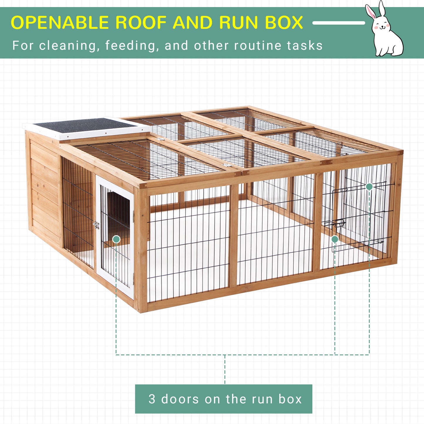 Rabbit Hutch Outdoor, Guinea Pig House, Bunny Run Cage with Openable Top for 1–2 Rabbits, 123 x 120 x 52cm, Yellow