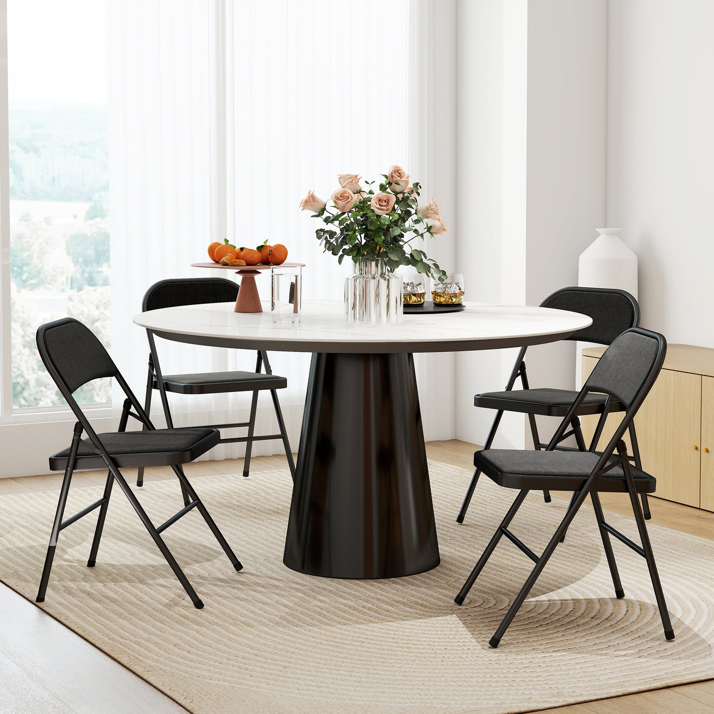 Linen-Look Set of Four Cushioned Folding Chairs - Black