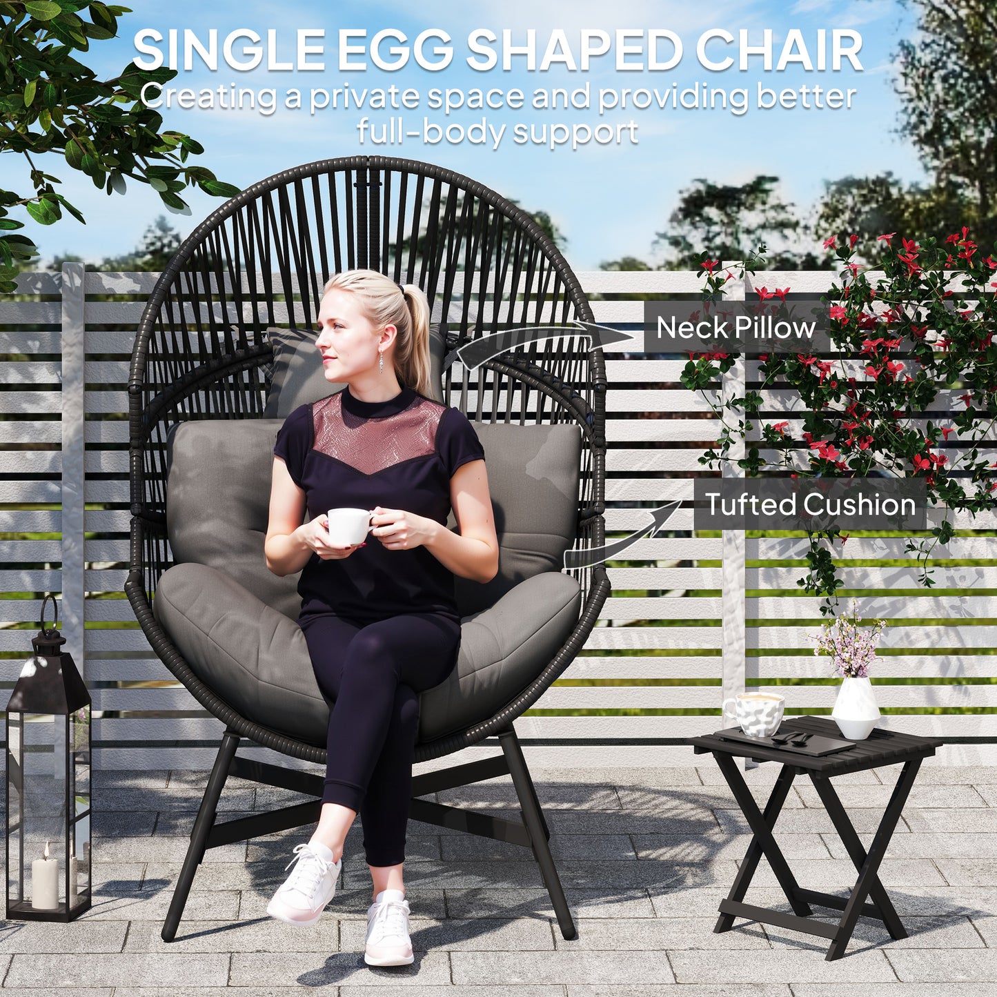 Rattan Egg Chair, Oversized Freestanding Garden Egg Chair with Thick Tufted Cushion, Headrest
