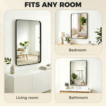 Rectangular Wall Mirror, 90 x 60 cm Wall Mounted Bathroom Mirror with Aluminium Alloy Frame and Tempered Glass, Black