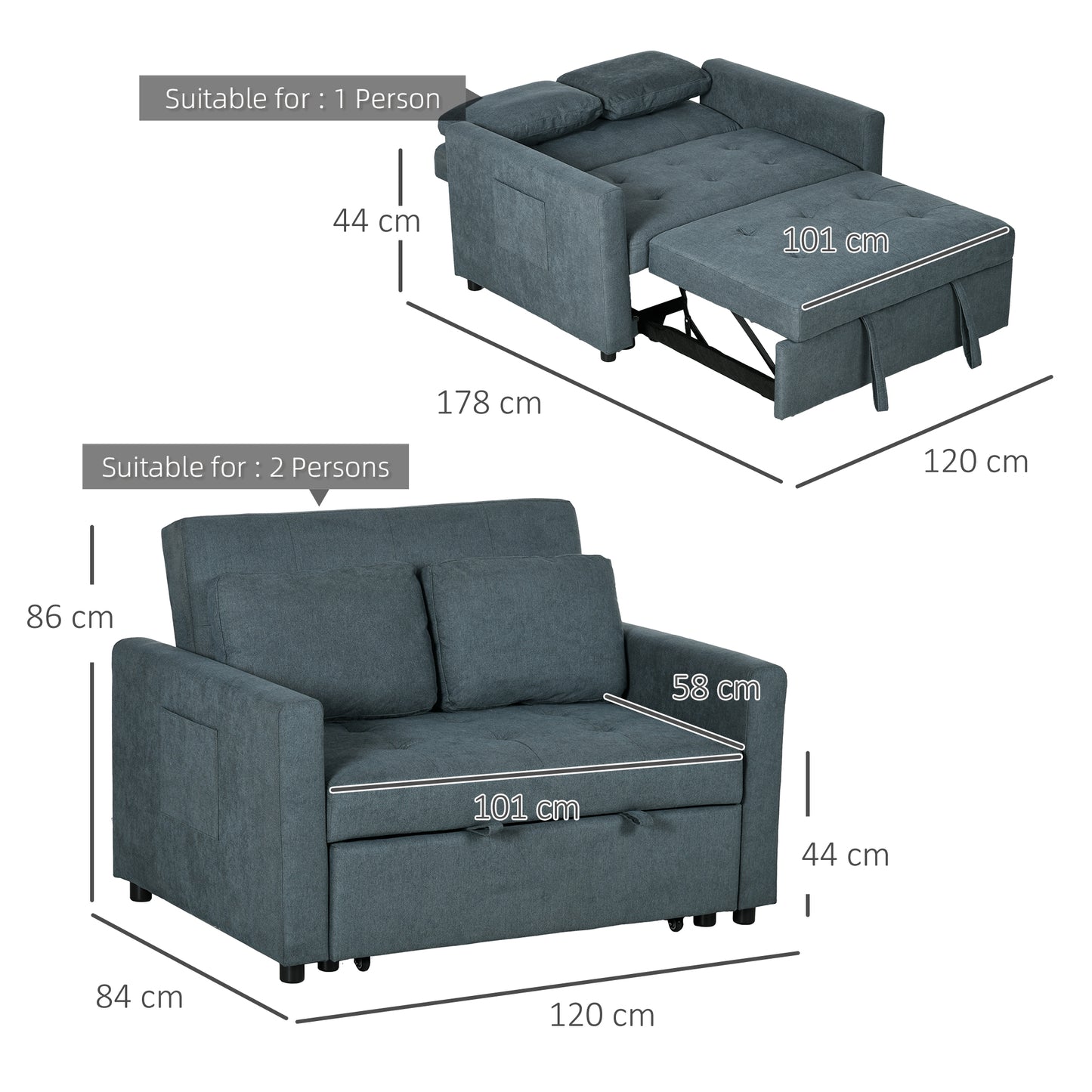 Loveseat Sofa Bed, Convertible Bed Settee with 2 Pillows, Side Pockets, Charcoal Grey