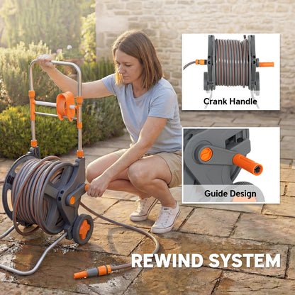 Hose Reel Cart with Wheels, 45+2m Garden Hose Reel with 2 Patterns Nozzle, Faucet Adaptors and Rewind Handle, Orange