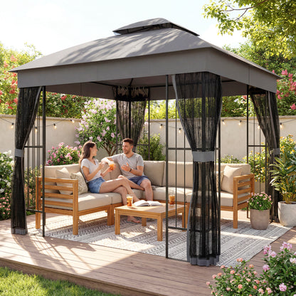 3 x 3 m Outdoor Garden Gazebo with Post Shelves, UPF50+ Double Roof Patio Permanent Pavilion, Grey