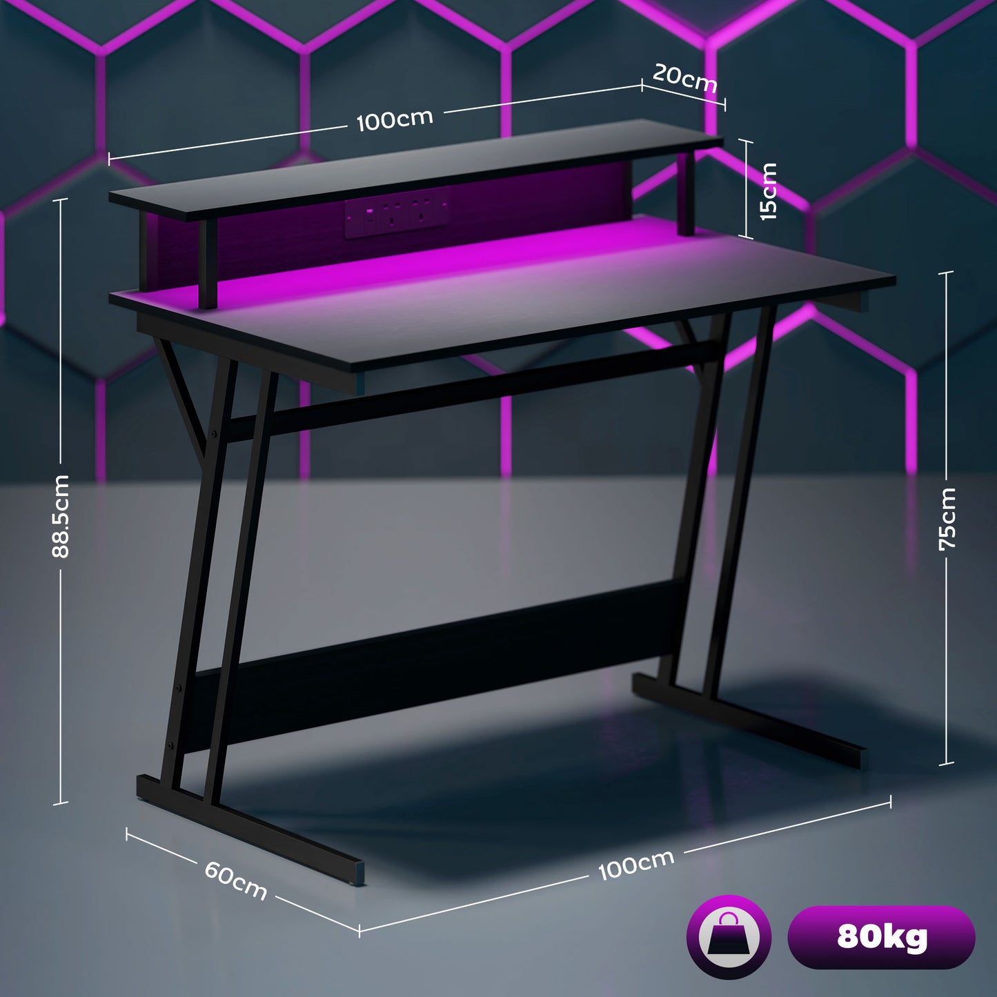 Two-Level LED Gaming Desk - Black