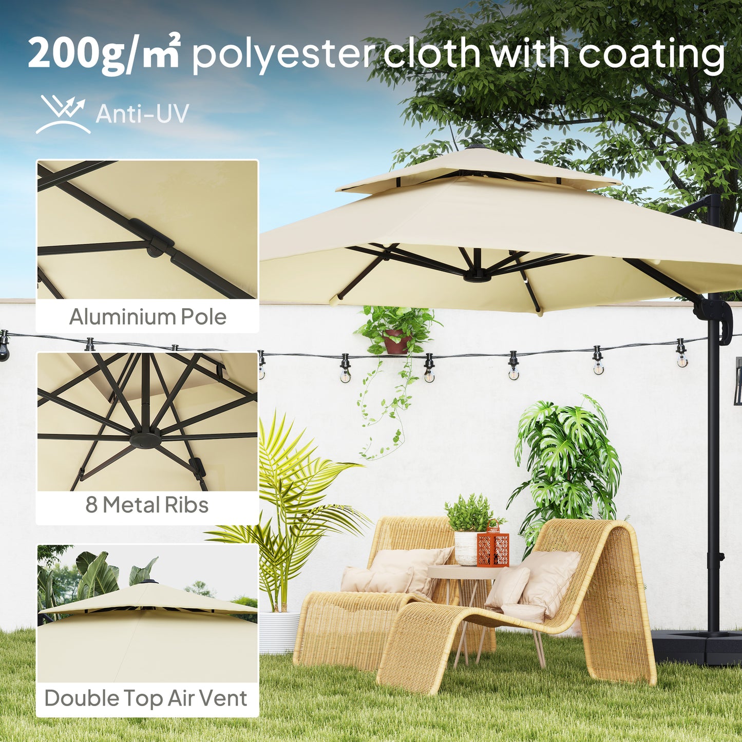 2.7 x 2.7 m Cantilever Parasol with Aluminium Frame, Crank and Tilt, 360-Degree Rotation, Double Top Garden Umbrella