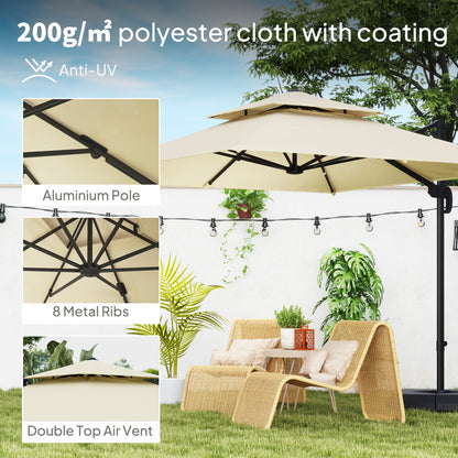 2.7 x 2.7 m Cantilever Parasol with Aluminium Frame, Crank and Tilt, 360-Degree Rotation, Double Top Garden Umbrella