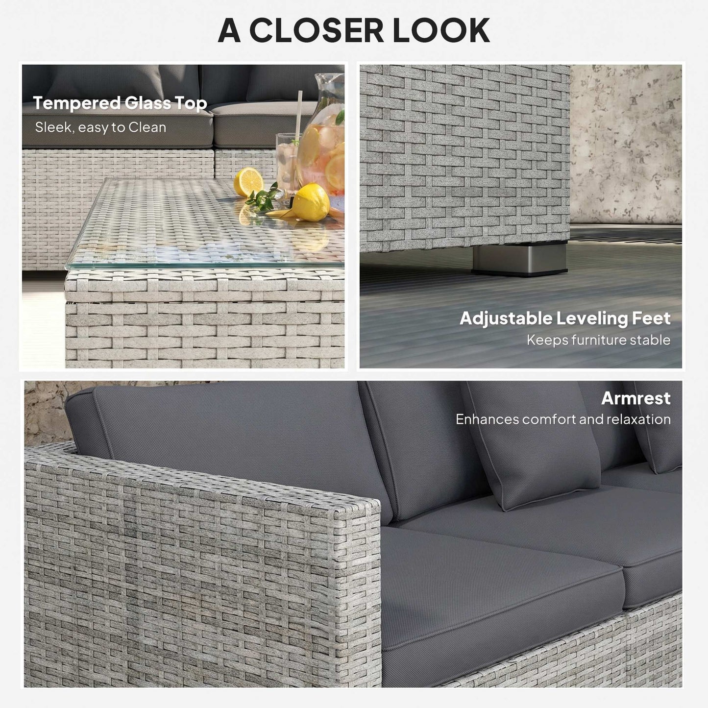 6 Pieces Rattan Corner Sofa Set - Mixed Grey