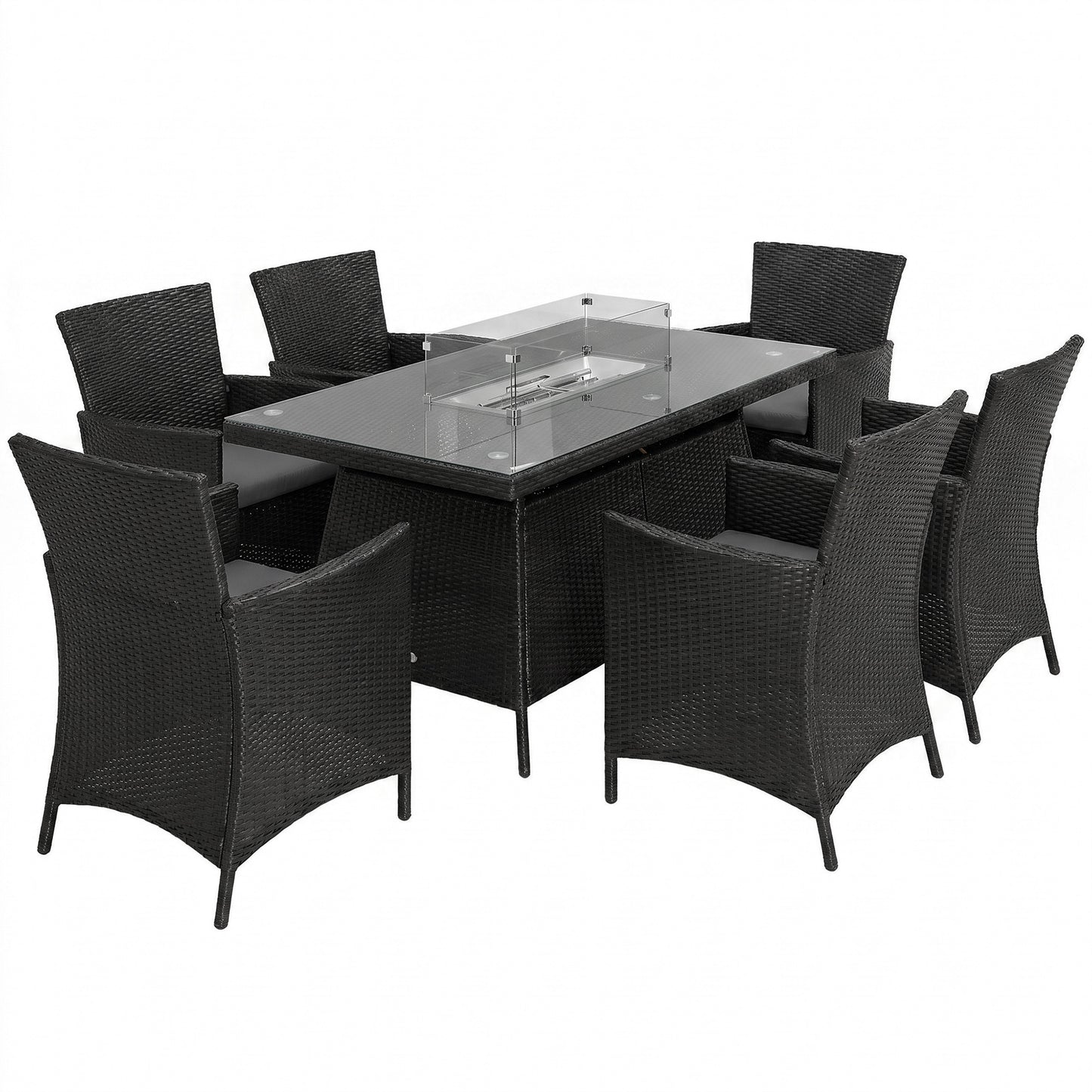 7 Pieces Outdoor Rattan Garden Furniture with Fire Pit Table, 6 Seater Garden Table and Chairs with Cushions