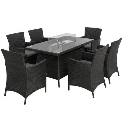 7 Pieces Outdoor Rattan Garden Furniture with Fire Pit Table, 6 Seater Garden Table and Chairs with Cushions