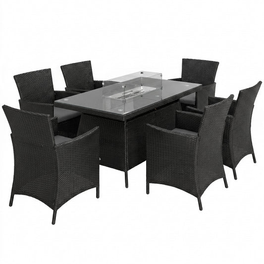 7 Pieces Outdoor Rattan Garden Furniture with Fire Pit Table, 6 Seater Garden Table and Chairs with Cushions