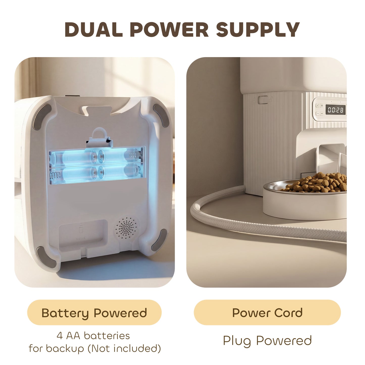 Automatic Cat Feeder Timed Portion Control Pet Food Dispenser with 2 Stainless Steel Bowls
