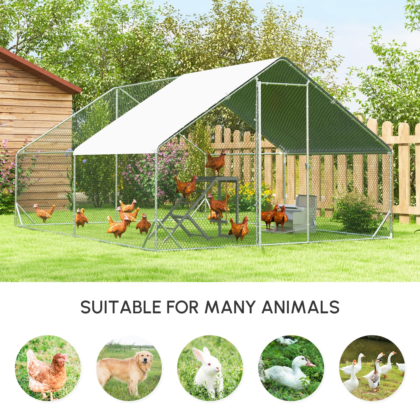 Chicken Walk-in Run, Galvanised Chicken Coop, Hen Poultry House Cage, Rabbit Hutch Pet Playpen Garden w/ Water-Resist Cover