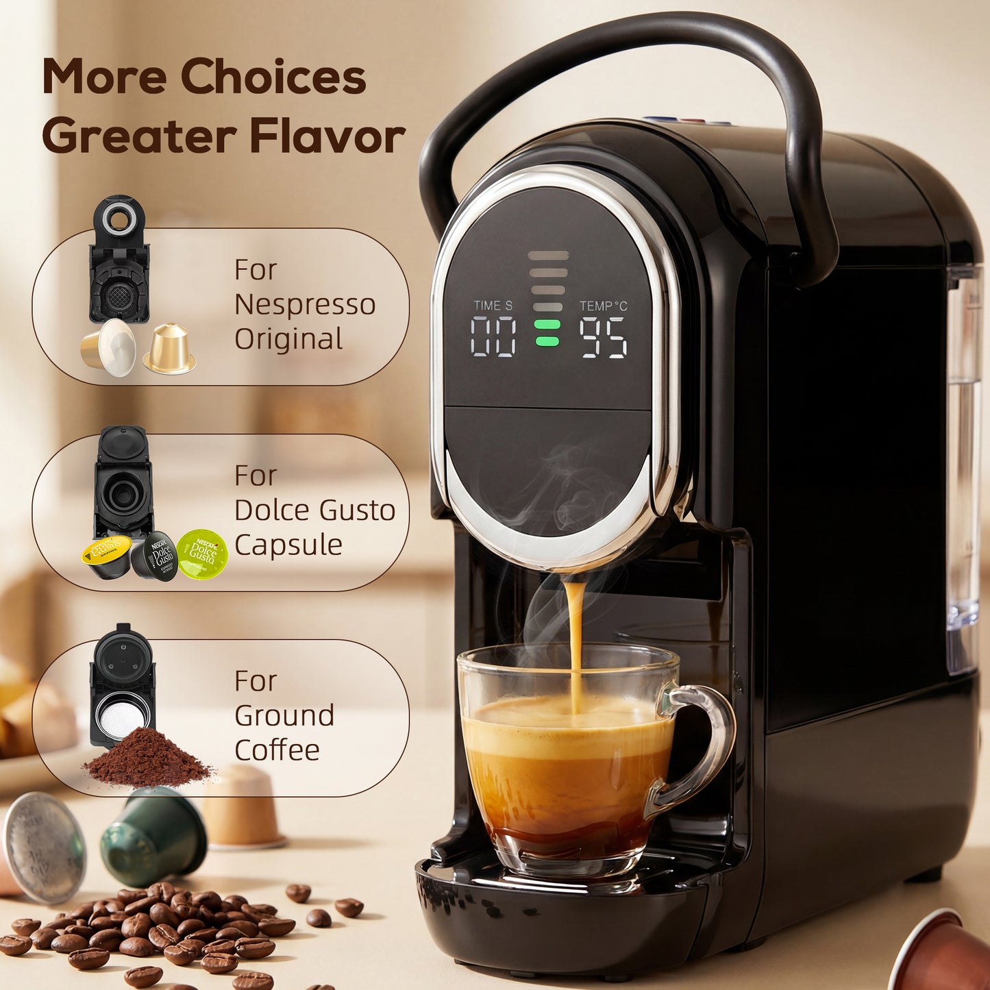 Pod Coffee Machine for Nespresso, Dolce Gusto Capsule & Ground Coffee, Small Semi Automatic Coffee Maker, 19 Bar, 0.6L