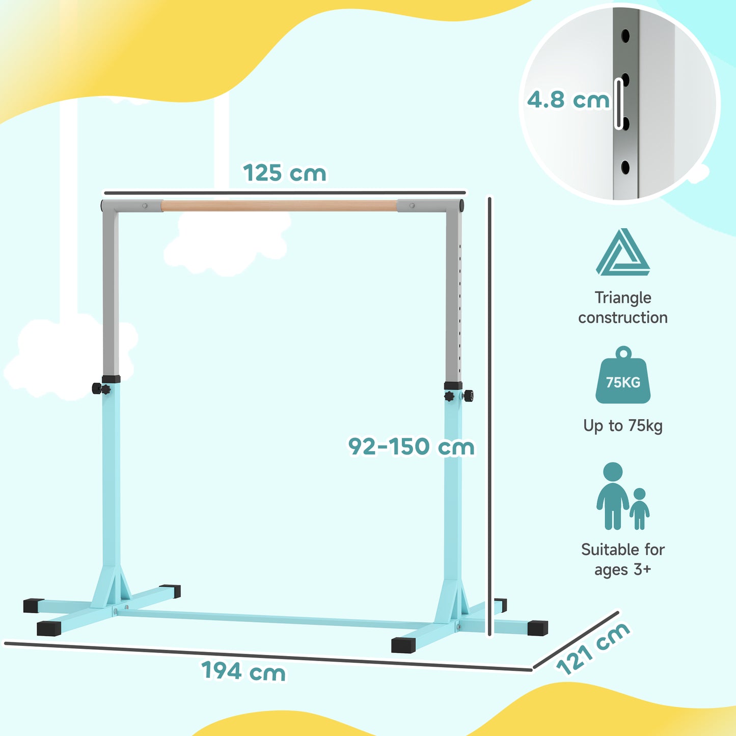 Height Adjustable Gymnastics Horizontal Bar for Kids, Children Junior Kip High Bar Fitness, Light Blue