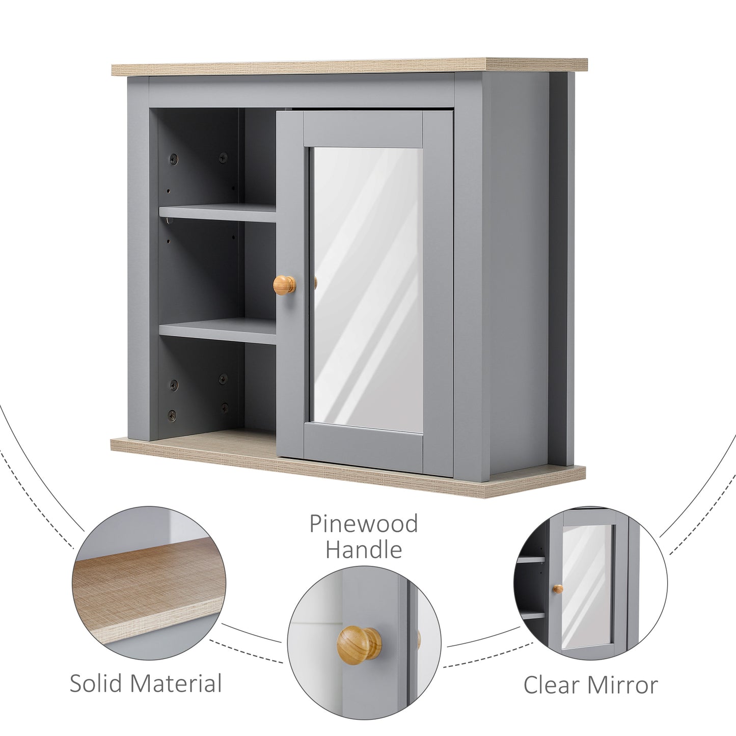 Bathroom Wall Mirror Cabinet, Cupboard with Door, Storage Cabinet with Adjustable Shelf for Corridors Living Rooms, Grey